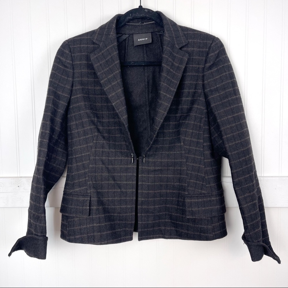 AKRIS Wool Plaid Zip Collar Blazer